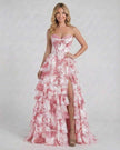 Pink floral chiffon maxi dress by FJØRNA featuring a strapless corset design, tiered layers, perfect for elegant occasions.