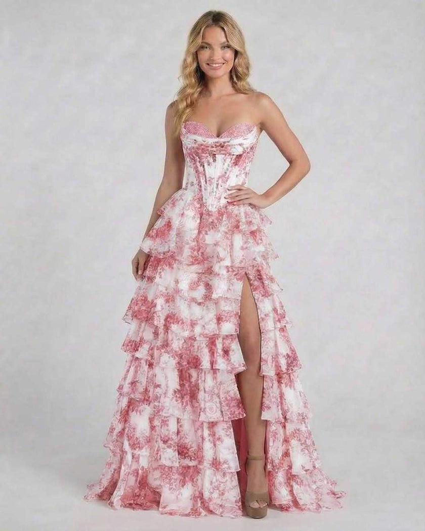Pink floral chiffon maxi dress by FJØRNA featuring a strapless corset design, tiered layers, perfect for elegant occasions.