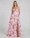 Pink floral chiffon maxi dress for women, strapless corset style with tiered design, elegant and perfect for special occasions.