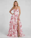 Pink floral chiffon maxi dress for women by FJØRNA featuring a strapless design, tiered skirt, and elegant structured corset bodice.