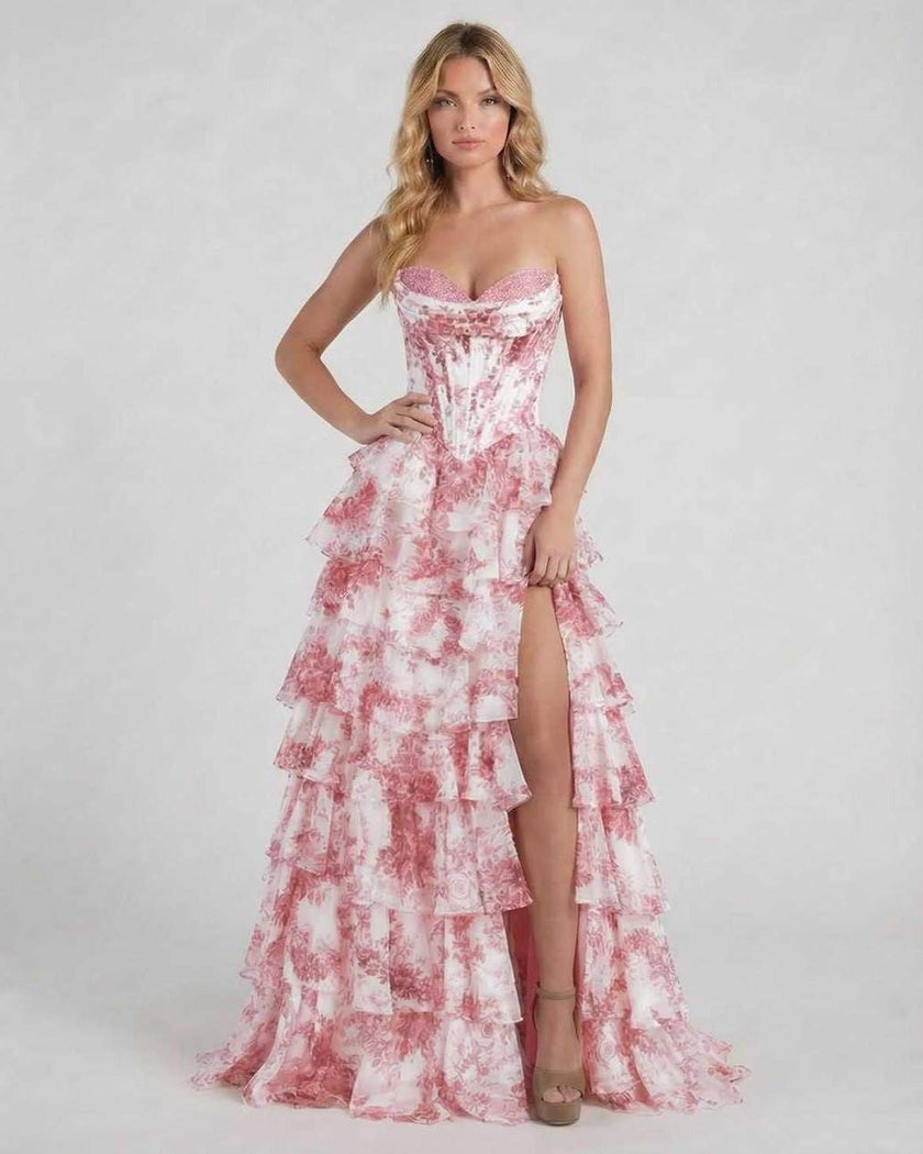 Pink floral chiffon maxi dress for women by FJØRNA featuring a strapless design, tiered skirt, and elegant structured corset bodice.