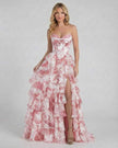 Pink floral chiffon maxi dress for women by FJØRNA, strapless with structured corset and tiered, elegant design.