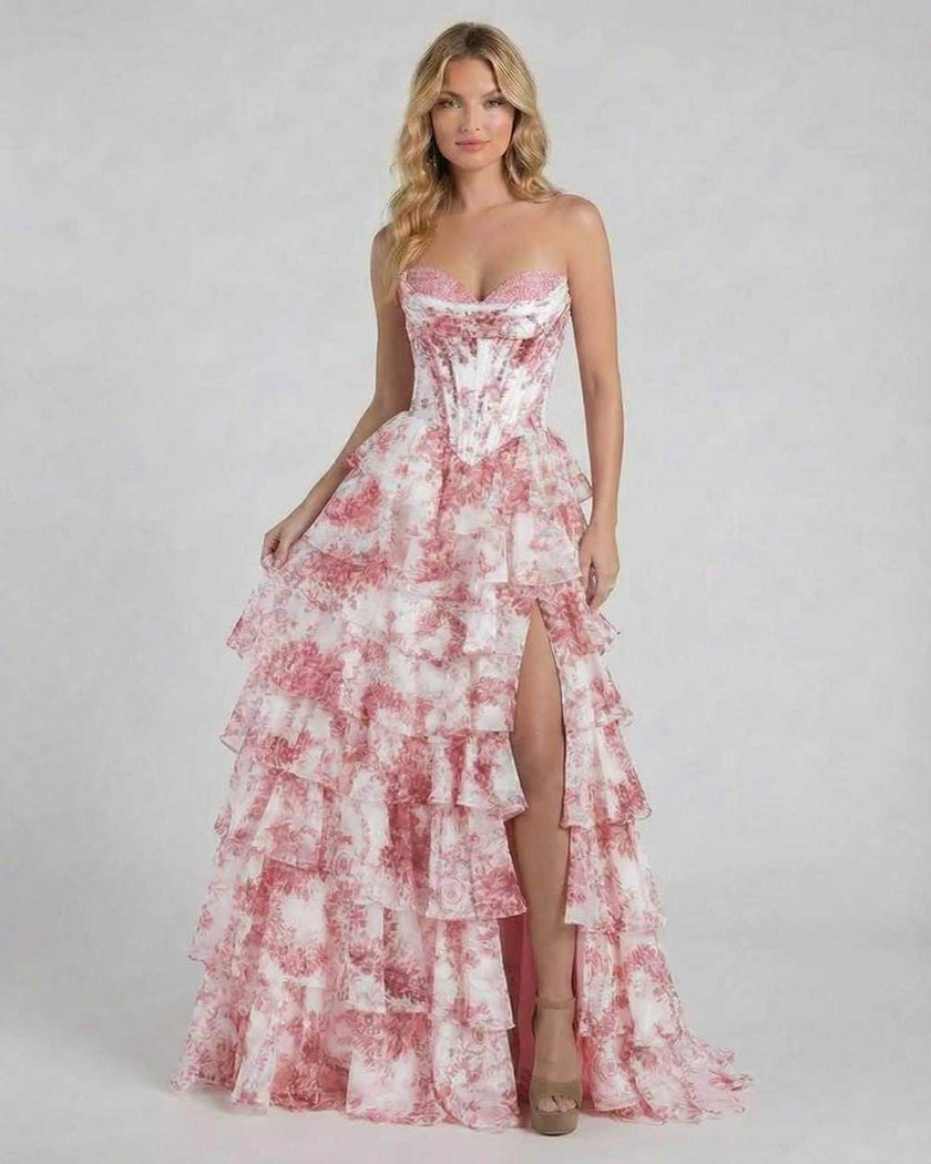 Pink floral chiffon maxi dress for women by FJØRNA, strapless with structured corset and tiered, elegant design.