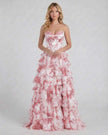 Pink floral chiffon maxi dress for women by FJØRNA featuring strapless corset design and tiered, elegant flowing fabric.
