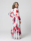 FJØRNA women's floral summer maxi dress with long sleeves and wrap style, perfect for warm weather and outdoor occasions.