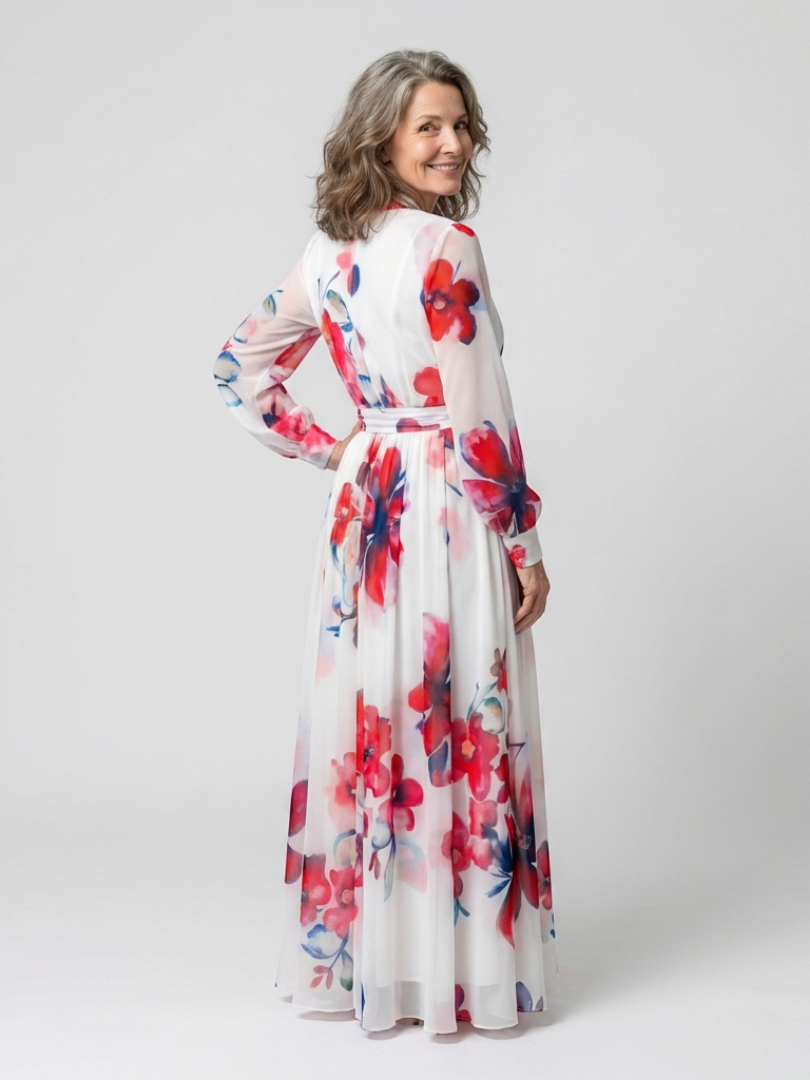 FJØRNA women's floral summer maxi dress with long sleeves and wrap style, perfect for warm weather and outdoor occasions.