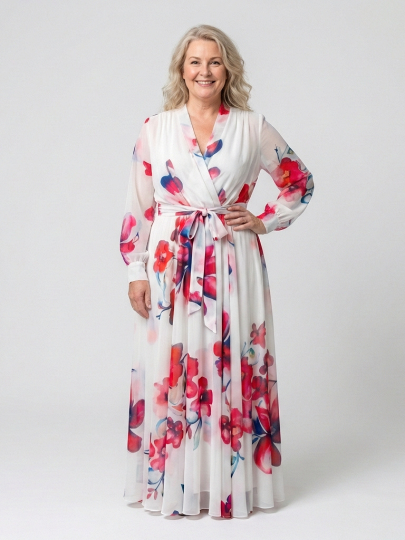 FJØRNA women's floral summer maxi dress with long sleeves and wrap design, flowing and elegant for warm weather.