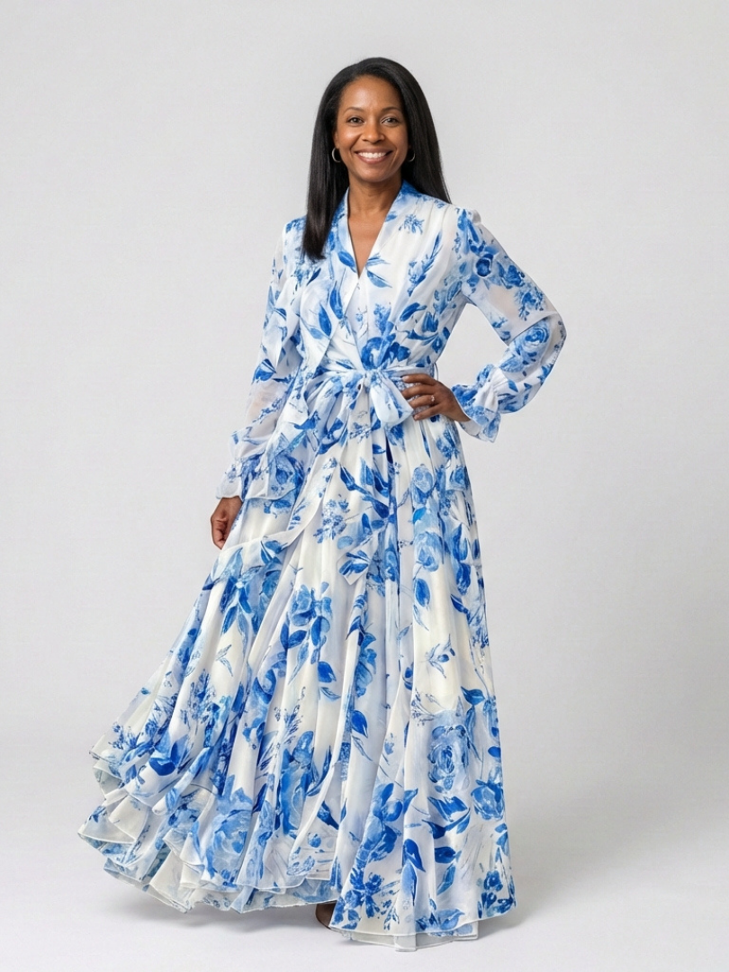 FJØRNA women's floral summer maxi dress with long sleeves and wrap design, perfect for warm weather and elegant occasions.