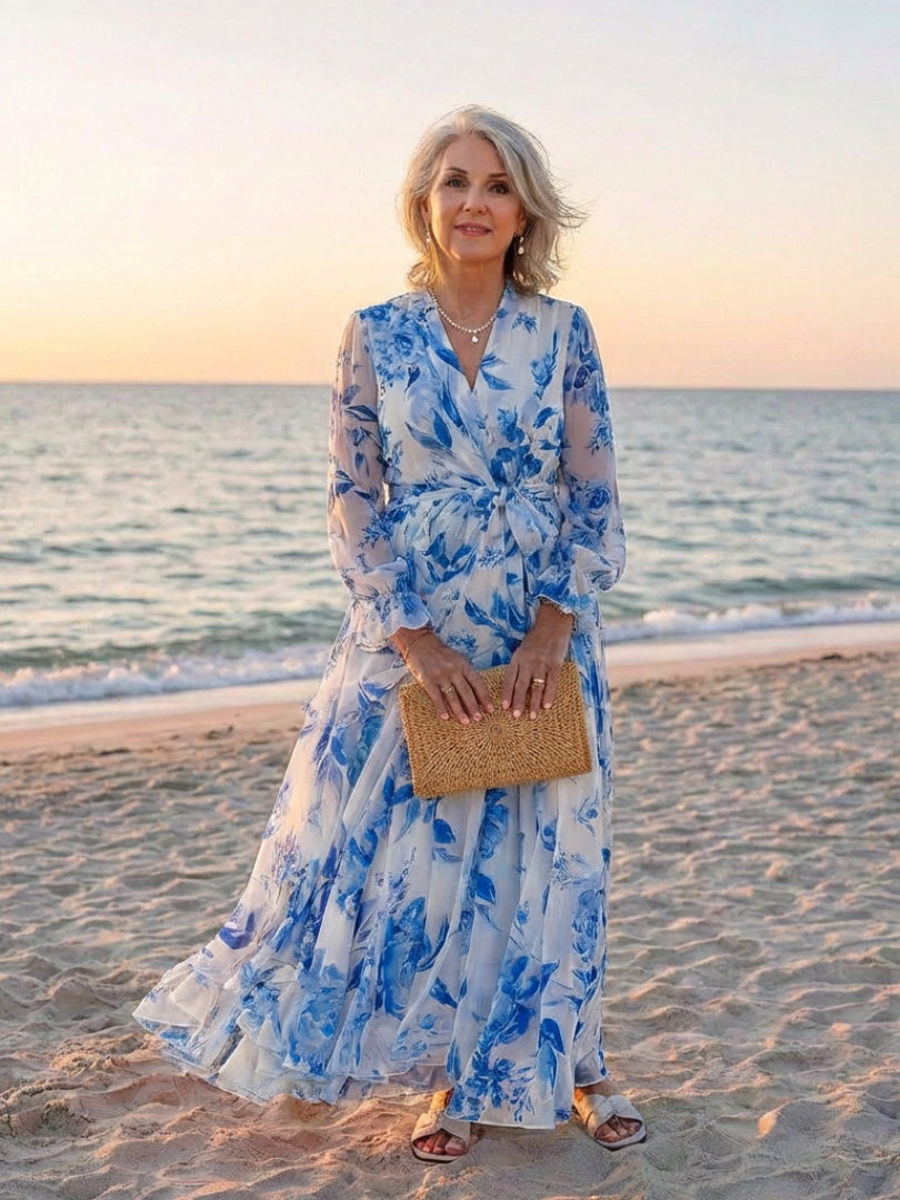 Floral long sleeve summer maxi dress for women by FJØRNA, featuring a wrap style and flowing fabric.
