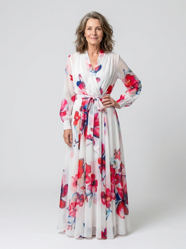 FJØRNA women's floral summer maxi dress with long sleeves and wrap design, featuring vibrant flower patterns.
