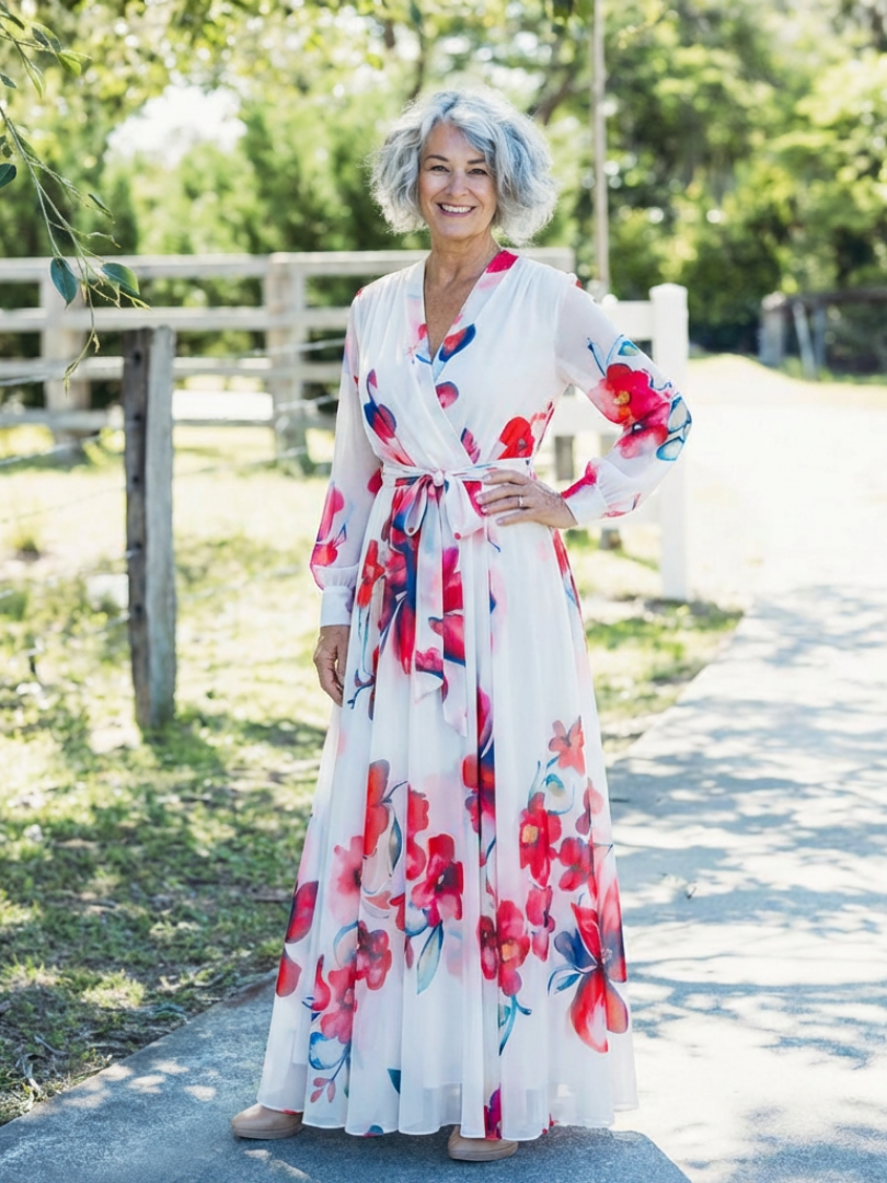 FJØRNA women's floral summer maxi dress with long sleeves and wrap design, perfect for warm weather and outdoor occasions.