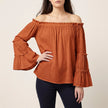 Rust red FJØRNA women's off-shoulder summer blouse with bell sleeves, stylish and lightweight top for warm weather.