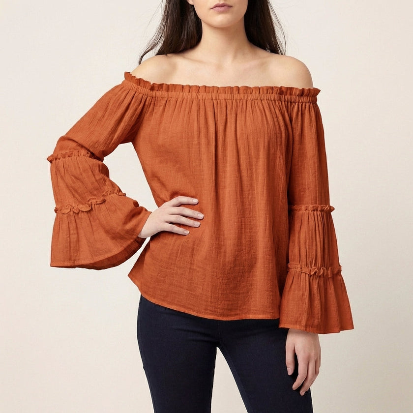 Rust red FJØRNA women's off-shoulder summer blouse with bell sleeves, stylish and lightweight top for warm weather.