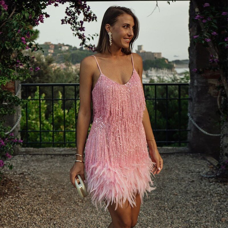 FJØRNA elegant mini dress for women with fringe detail, stylish cocktail dress perfect for parties and special occasions.