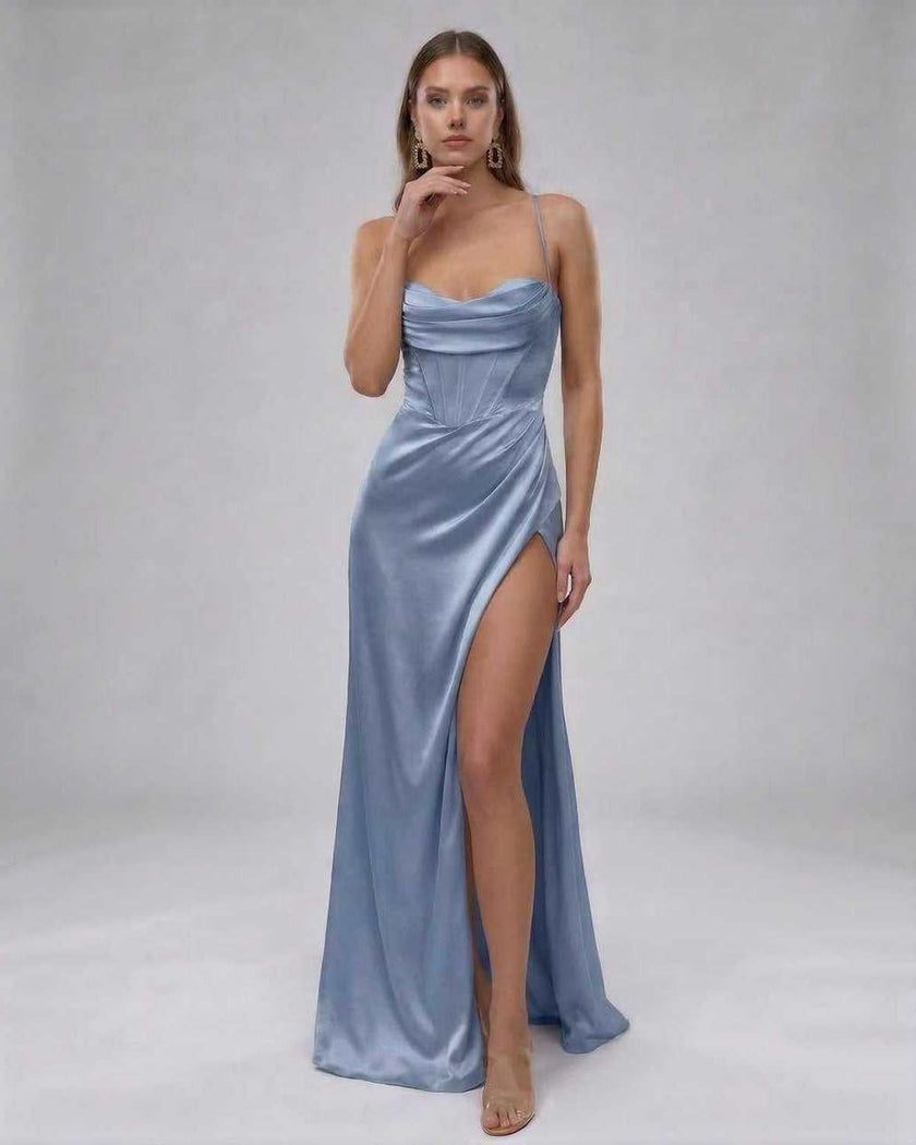 Elegant blue satin maxi dress for women by FJØRNA featuring a high slit and modern, fashion-forward silhouette.