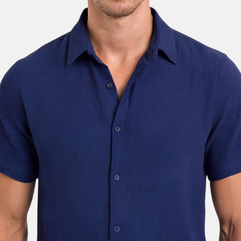 Men's short sleeve linen cotton blend shirt by FJØRNA, featuring a breathable summer fit and casual style.