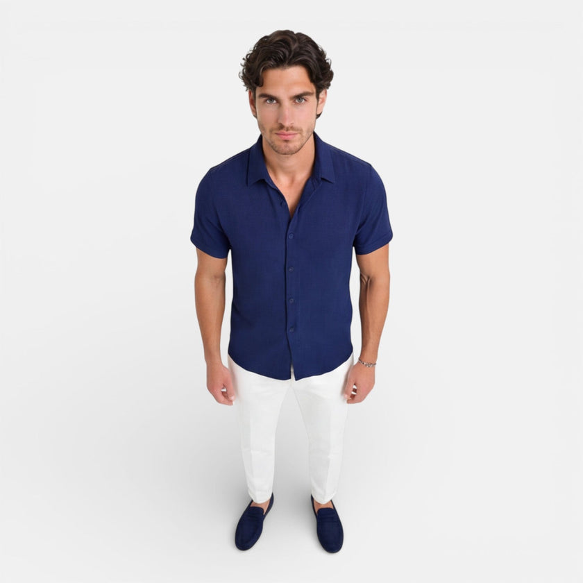 Men's FJØRNA linen cotton blend short sleeve shirt, breathable summer fit, lightweight and casual for warm weather.