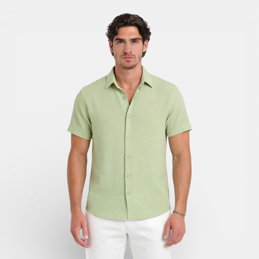 Men's short sleeve linen cotton blend shirt by FJØRNA, breathable summer fit, casual men's shirt in white, laid flat.