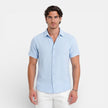 Men's linen cotton blend short sleeve shirt by FJØRNA, featuring a breathable summer fit and casual style.