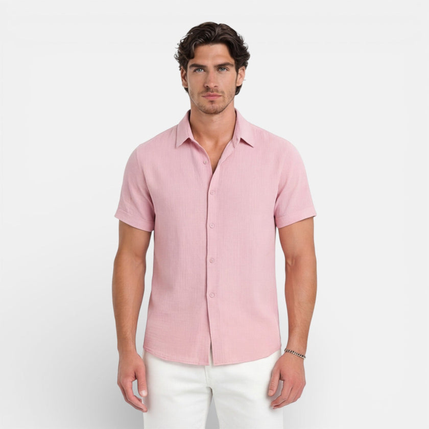Men's short sleeve linen cotton blend shirt by FJØRNA, breathable summer fit, casual men's shirt displayed on a hanger.
