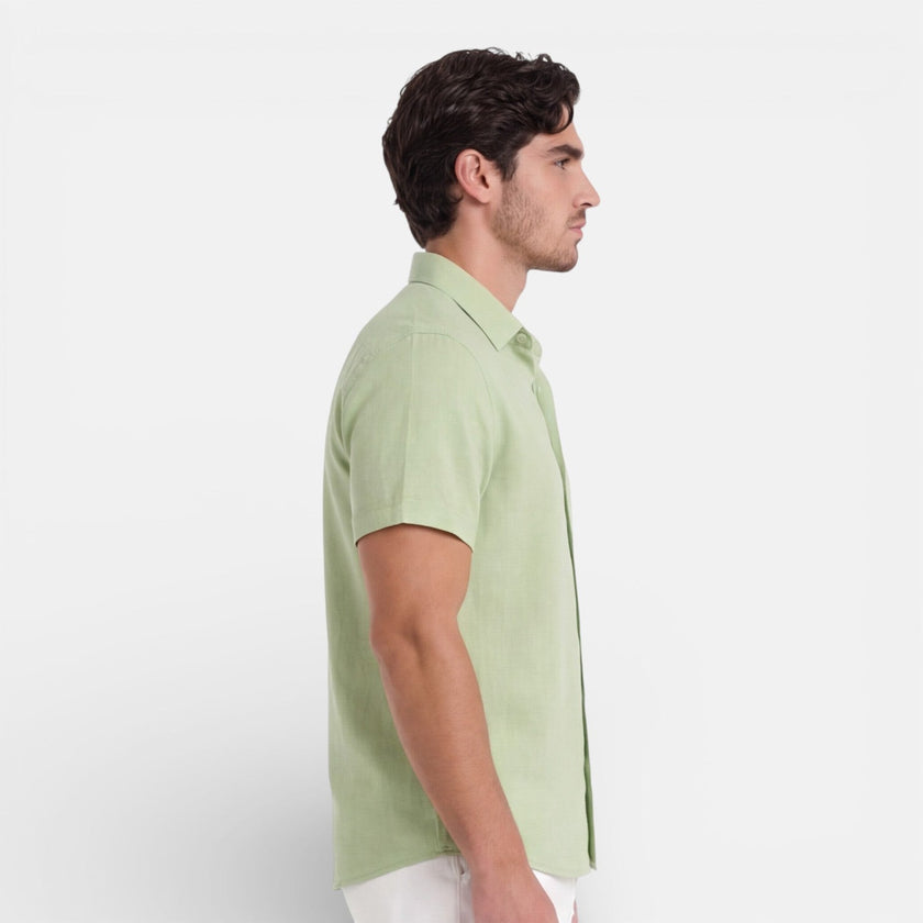 Men's FJØRNA linen cotton blend short sleeve shirt, breathable summer fit, casual men's shirt displayed on a hanger.