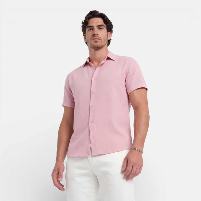 Men's linen cotton blend short sleeve shirt by FJØRNA, breathable summer fit, lightweight fabric, casual men's shirt in neutral color