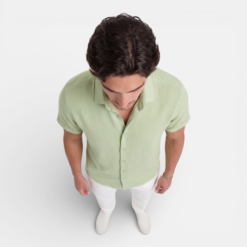 Men's short sleeve linen cotton blend shirt by FJØRNA, breathable summer fit, casual men's shirt in light fabric.