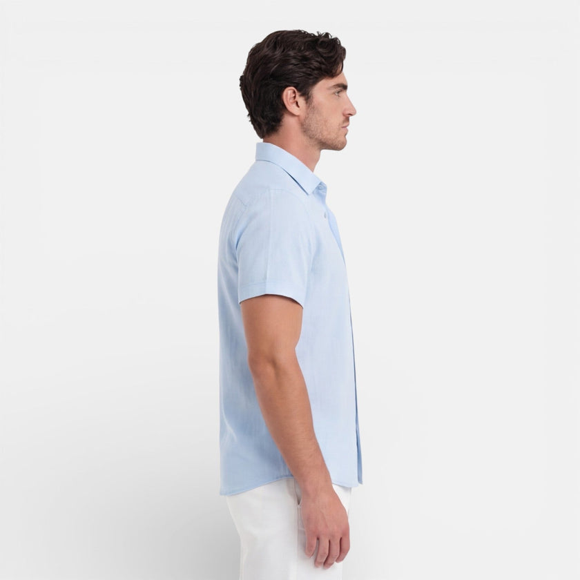 Men's short sleeve linen cotton blend shirt by FJØRNA, breathable summer fit, lightweight and stylish for warm weather.