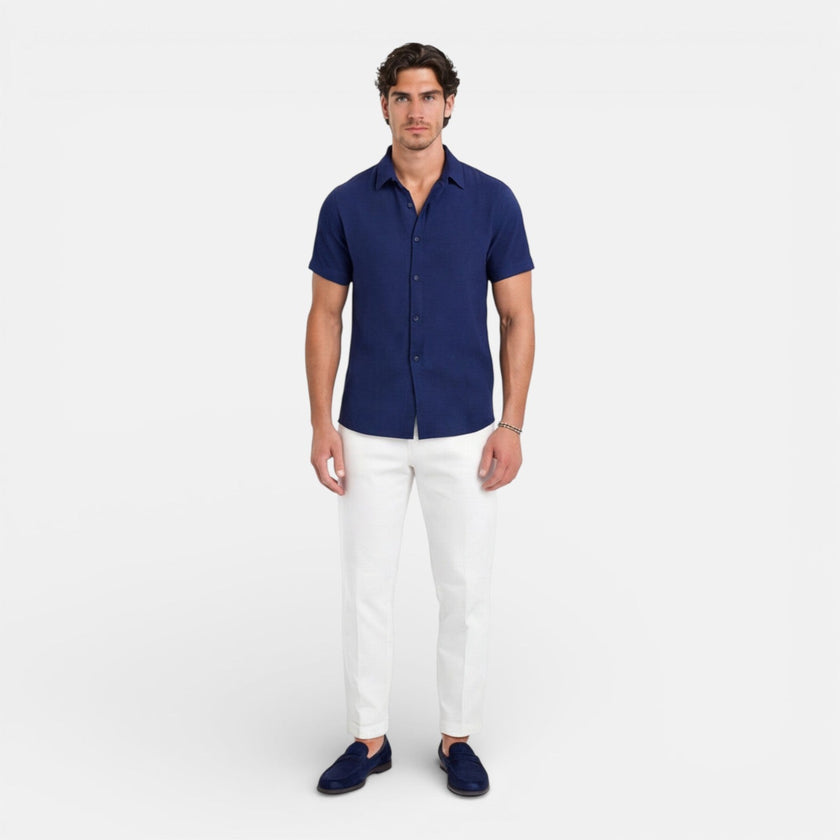 Men's short sleeve linen cotton blend shirt by FJØRNA, breathable summer fit, lightweight and comfortable for warm weather.