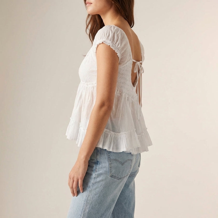 FJØRNA women's summer blouse with V-neck and short sleeves, lightweight and casual top perfect for warm weather.