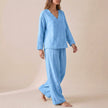 Skyblue FJØRNA women's two-piece co-ord set with pockets and V-neck, stylish and comfortable for casual wear.