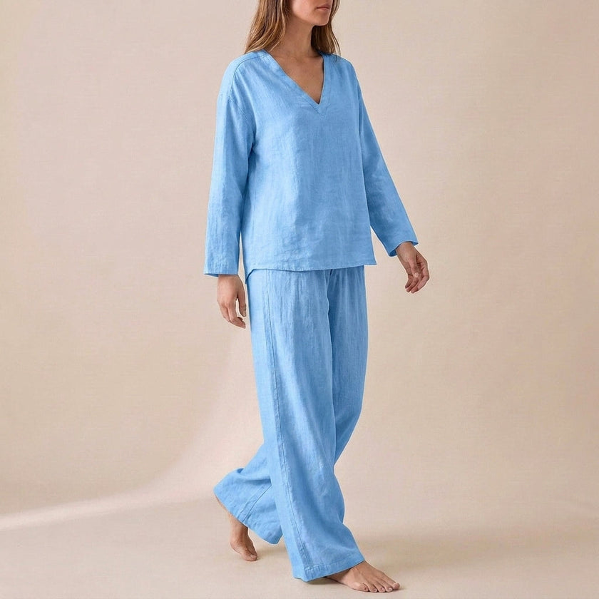 Skyblue FJØRNA women's two-piece co-ord set with pockets and V-neck, stylish and comfortable for casual wear.