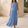 Sky blue women's two-piece co-ord set with V-neck top and pockets by FJØRNA, stylish and comfortable for casual wear.