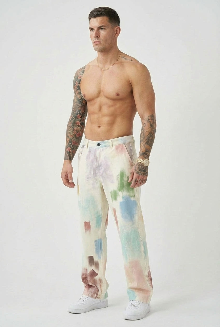 Black painted trousers by FJØRNA, featuring a stylish tailored fit and detailed painted design, displayed on a model.