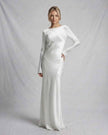 FJØRNA satin maxi dress for women featuring long sleeves, slim fit, elegant ivory satin fabric, perfect for formal occasions