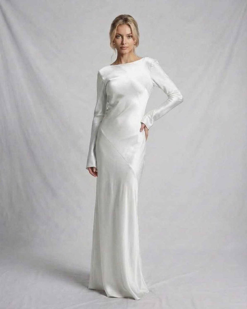 FJØRNA satin maxi dress for women featuring long sleeves, slim fit, elegant ivory satin fabric, perfect for formal occasions