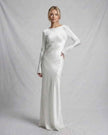Elegant ivory satin maxi dress for women by FJØRNA, featuring smooth texture and timeless sophistication.