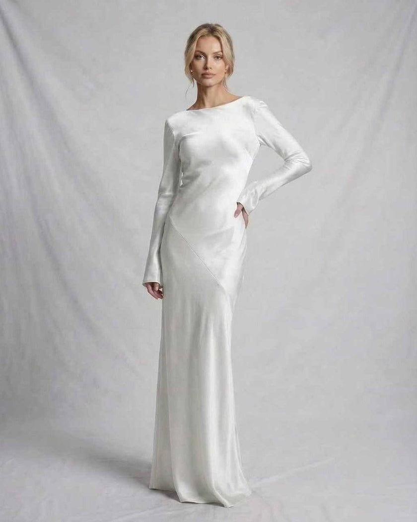 Elegant ivory satin maxi dress for women by FJØRNA, featuring smooth texture and timeless sophistication.