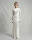 FJØRNA ivory satin maxi dress for women, elegant slim-fit dress with luxurious sheen and flowing fabric.