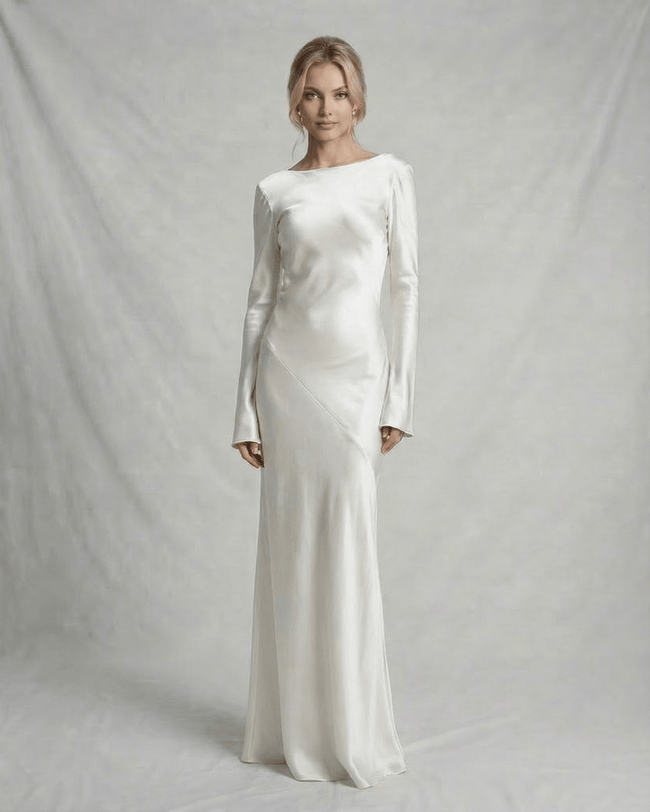 FJØRNA slim fit ivory satin maxi dress for women, elegant evening occasion dress with luxurious satin fabric and sleek silhouette.