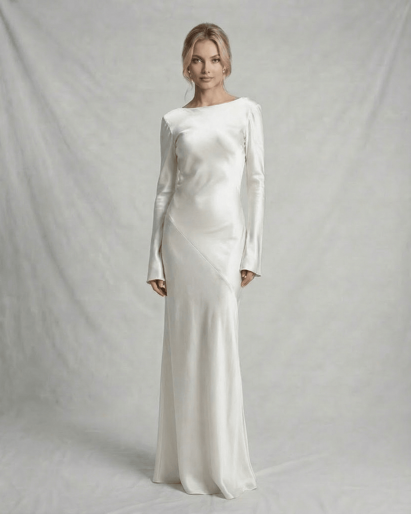 FJØRNA ivory satin maxi dress for women, elegant slim-fit dress with luxurious sheen and flowing fabric.
