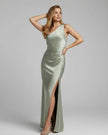 FJØRNA satin maxi dress for women in sage green with one-shoulder design, elegant long dress for special occasions.