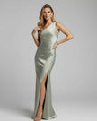 Sage green FJØRNA satin maxi dress for women featuring a one-shoulder design and elegant flowing silhouette.