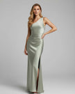 Sage green satin maxi dress for women by FJØRNA, featuring a one-shoulder design and elegant flowing fabric.