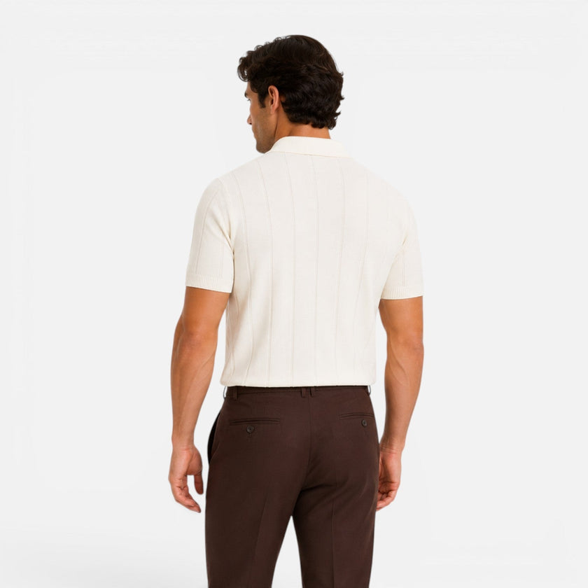 Men's striped knitted polo shirt by FJØRNA, lightweight and breathable slim fit summer shirt, shown on a model.