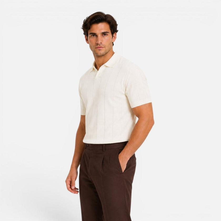 Men's striped knitted polo shirt by FJØRNA, lightweight, breathable, slim fit summer shirt, ideal for casual wear.