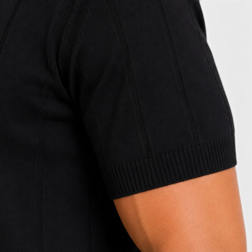 Men's striped knitted polo shirt by FJØRNA, lightweight and breathable, slim fit design for summer wear.