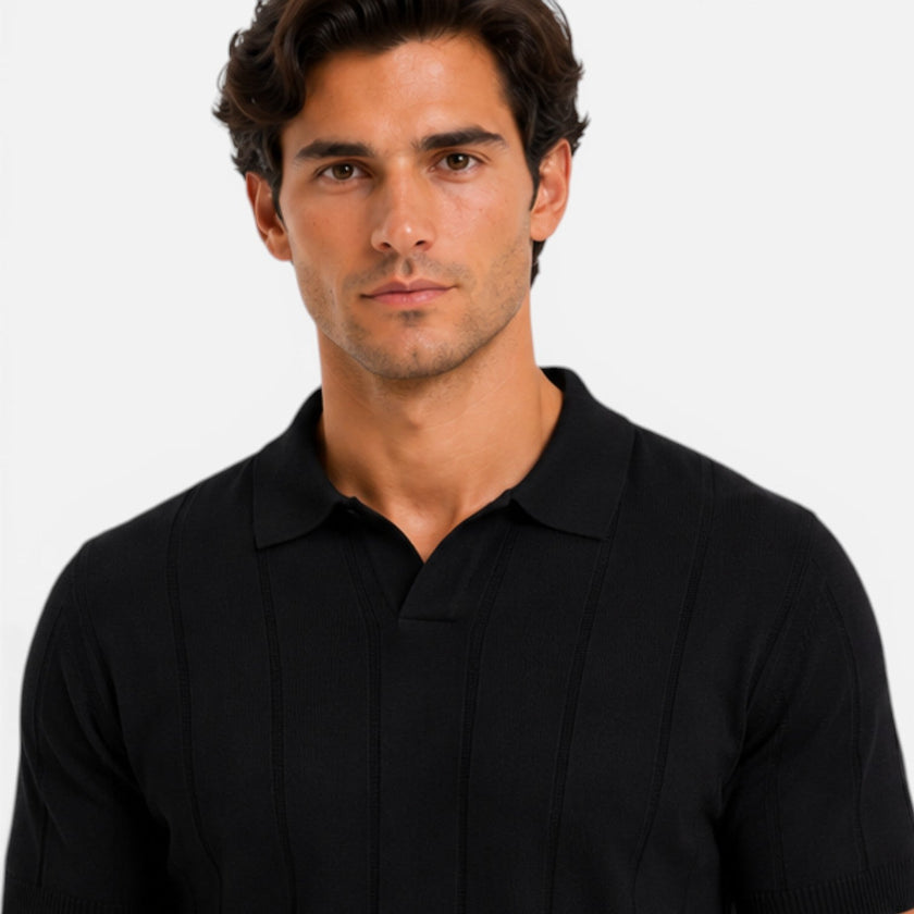 Men's striped knitted polo shirt by FJØRNA, lightweight and breathable slim fit summer shirt for men.