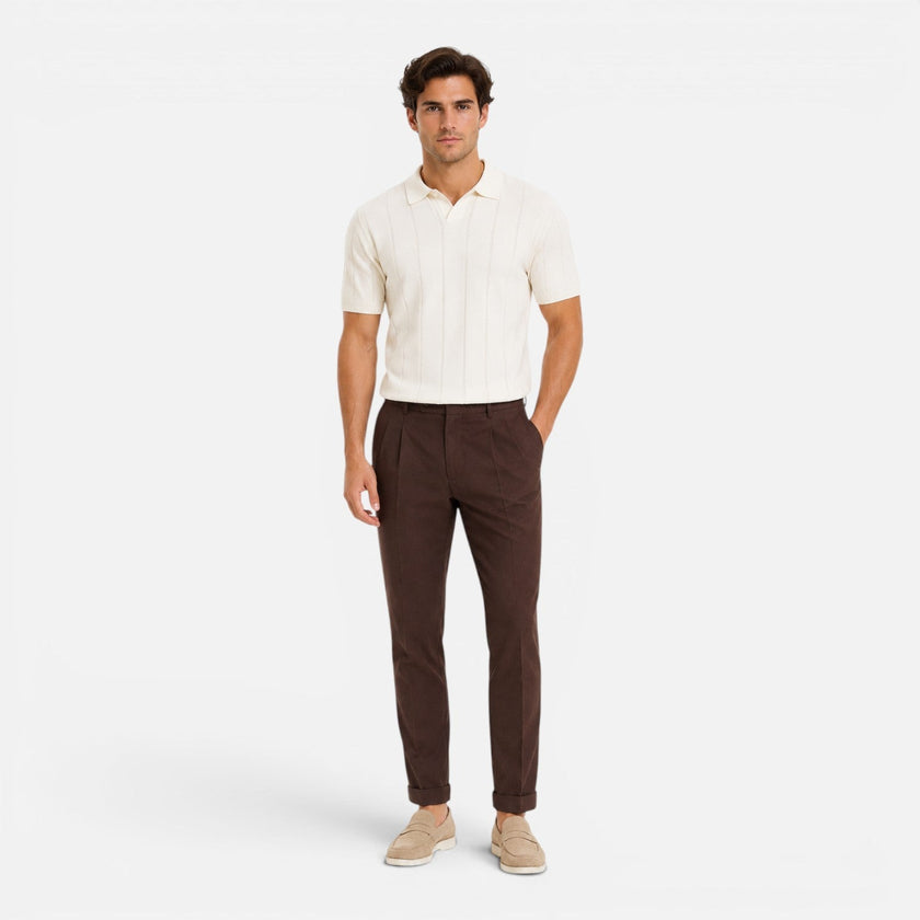 Men's striped knitted polo shirt by FJØRNA, lightweight, breathable, slim fit summer shirt for men.