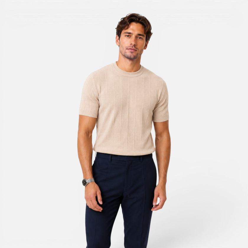 Men's striped knitted T-shirt by FJØRNA, lightweight and slim fit, ideal for summer casual wear.